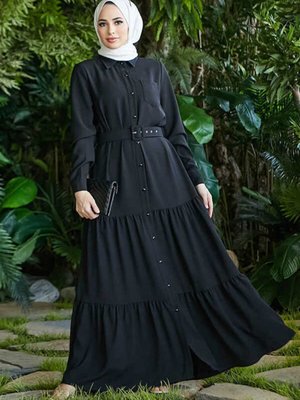 Krep Düğmeli Fırfırlı Elbise Siyah
