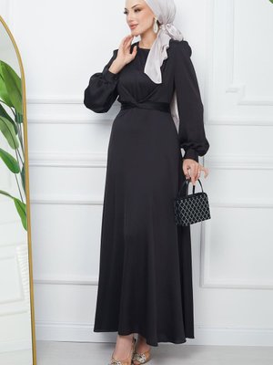 Siyah Bağlama Detaylı Saten Abiye Elbise