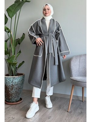 Çoban Dikiş Kuşaklı Gri Kaşe Kaban