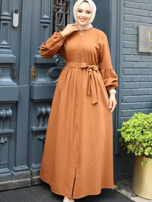 Kahverengi Balon Kol Detaylı Fermuarlı Ferace Kahverengi Balon Kol Detaylı Fermuarlı Ferace
