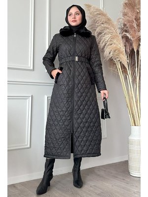 Peluş Yaka Uzun Kapitone Siyah Mont