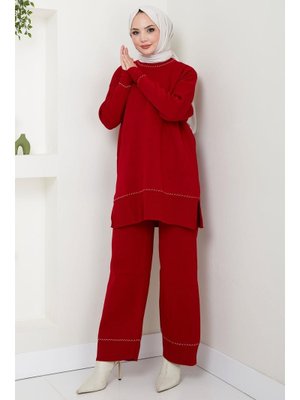 Kırmızı Kol Ve Yaka Desen Detaylı Triko Takım Kırmızı Kol Ve Yaka Desen Detaylı Triko Takım