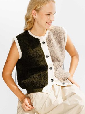 Blok Renkli Triko Haki Hırka