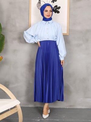 Saks Mavisi Deri Dik Pliseli Etek