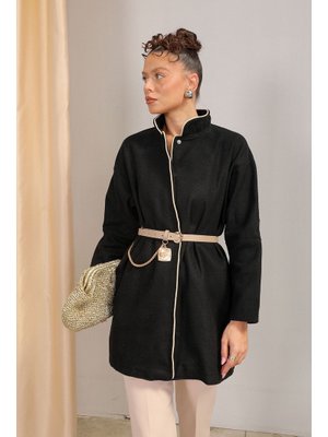 Siyah Kemerli Kaşe Kaban