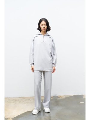 Boyalı Gri Dik Yaka Yarım Fermuarlı Bol Paça Pamuklu Örme Alt Üst Takım