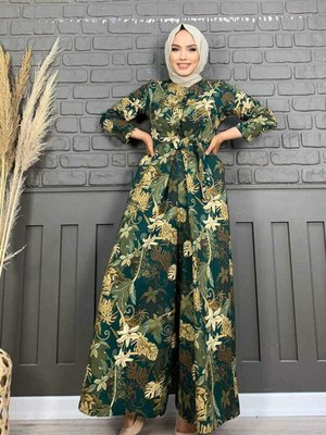 Güğüs Kısmı Gizli Düğmeli Bel Kuşaklı Baskı Desenli Tulum Zümrüt