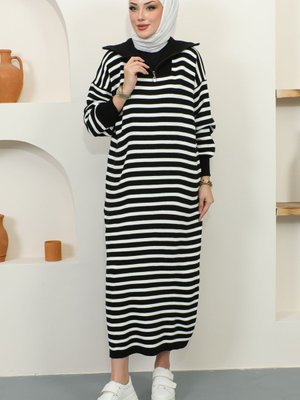 Siyah Beyaz Çizgili Yaka Fermuarlı Tesettür Triko Kadın Elbise Oversize