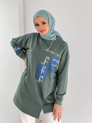Mersin Yeşili Mavi Detaylı Tesettür Sweetshirt