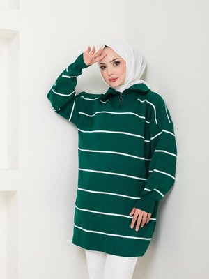 Zümrüt Çizgili Fermuarlı Triko Tunik