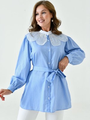 Yaka Detaylı Çizgili Gömlek Mavi