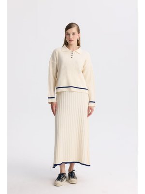 Krem/lacivert Lilly Kontrast Düğme Detay Etek Takım