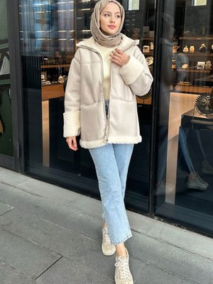 Geniş Yakalı Deri Biker Mont Taş Rengi Geniş Yakalı Deri Biker Mont Taş Rengi