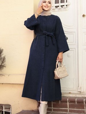 Kemerli Lacivert Kaşe Kaban