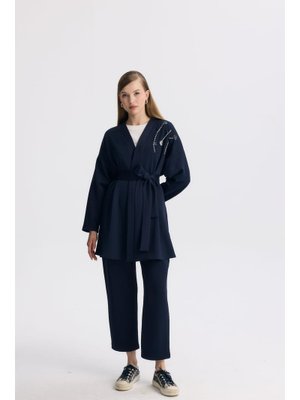 Lacivert Kuşaklı Omuz İşlemeli Takım