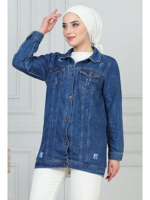 Mavi Lazer Detaylı Kot Ceket