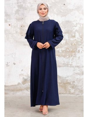 Lacivert Fırfır Kol Boydan Fermuarlı Ferace