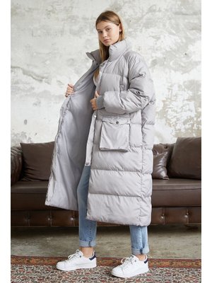 Gri Alden Torba Cepli Uzun Şişme Mont