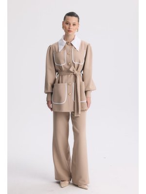 Bej Uzun Yaka Gold Düğmeli Takım