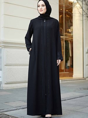 Büyük Beden Kolları Dantelli Koldan Detaylı Lazer Taşlı Krep Kumaş Ferace