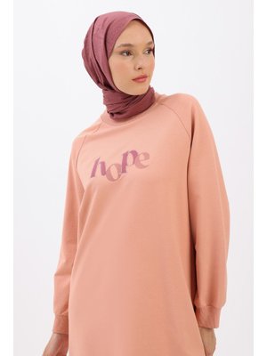 Somon Nakışlı Fermuar Detaylı Reglan Kol Sweat Tunik