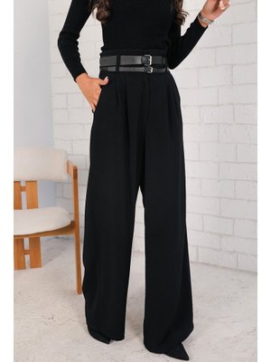Siyah Çift Kemerli Palazzo Pantolon