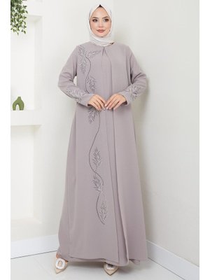 Bej Büyük Beden Yaprak Taşlı Anne Elbisesi