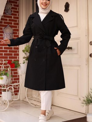 Siyah Omuzu Apolet Detaylı Trençkot Siyah Omuzu Apolet Detaylı Trençkot