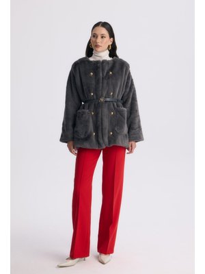 Gri Fayanna Cep Detaylı Kürk