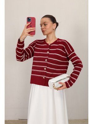 Bordo Çizgili Triko Hırka