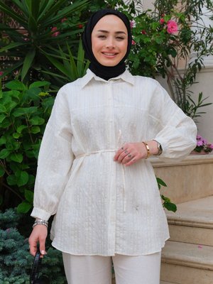 Çizgili Bel Bağlamalı Gömlek Bakır Çizgili Bel Bağlamalı Gömlek Bakır