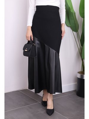 Siyah Deri Garnili Kloş Etek