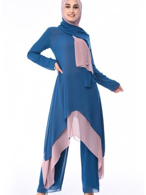 Lü Kombin Şallı Takım Petrol Mavisi