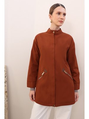 Kiremit Cepli Fermuarlı Kısa Trençkot