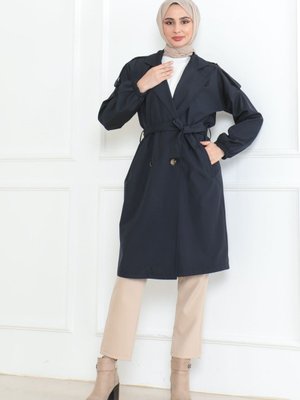 Omuzu Patlı Kolu Lastikli Kemer Bağlamalı Uzun Düğme Detaylı Trençkot