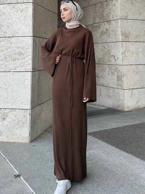 Bağcıklı Bol Kesim Yarasa Kol Fitilli Triko Elbise Beden Arası Bağcıklı Bol Kesim Yarasa Kol Fitilli Triko Elbise Beden Arası