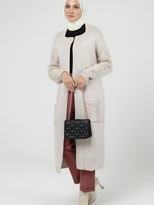 Kolu Saç Örgülü Çift Cepli Garnili Kışlık Kimono Hırka Kolu Saç Örgülü Çift Cepli Garnili Kışlık Kimono Hırka