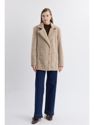 Bej Blazer Düğmeli Kaşe Ceket