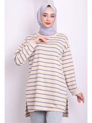 Lila Yanları Yırtmaçlı Çizgili Tunik Lila Yanları Yırtmaçlı Çizgili Tunik