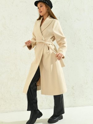 Bej Astarlı Kuşaklı Kaşe Kaban