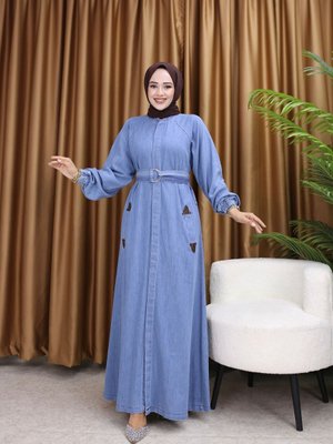 Helly Bol Kesim Oversize Düğmeli Kemerli Kot Elbise