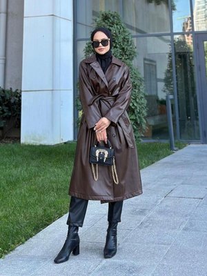 Deri Trençkot Kahverengi