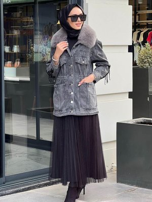 Kürk Yaka Kot Ceket Gri