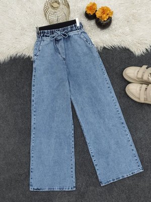 Beli Bağlamalı Bol Paça Cepli Kot Pantolon Beli Bağlamalı Bol Paça Cepli Kot Pantolon