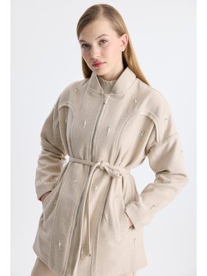 Bej Mayi İnci Fermuarlı Ceket