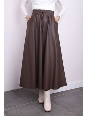 Kahverengi Deri Cepli Kloş Etek