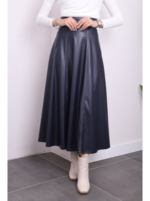 Lacivert Deri Kloş Etek