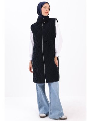 Lacivert Kapitoneli Fermuarlı Beli Büzgülü Yelek