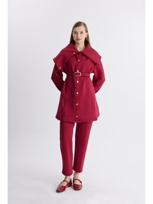 Bordo Jolie Yaka Detay Kemerli Scuba Takım