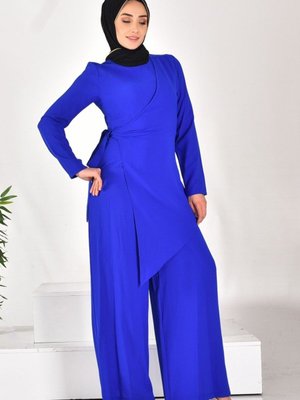 Lacivert Krep Kumaş Pelerinli Tulum